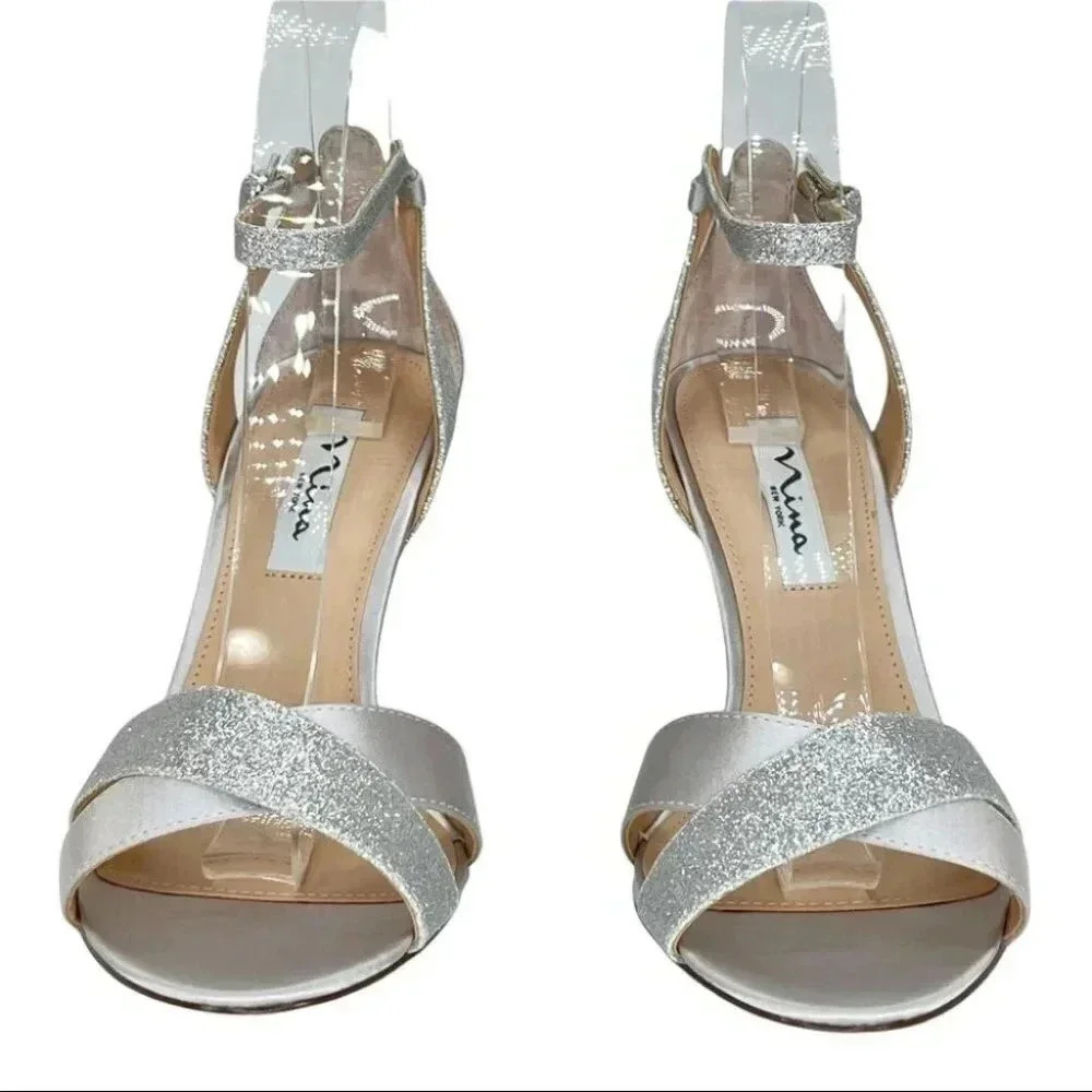 Nina Venus Silver Satin Fabric Glitter Accent Womens Heels Size 9M - Picture 5 of 14